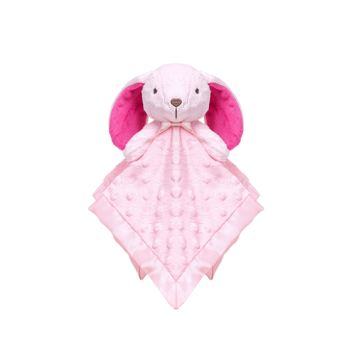 Front view of the pink Princess SweetPea bunny lovey with raspberry-pink inner ears, raised-dot fabric and a satin border.