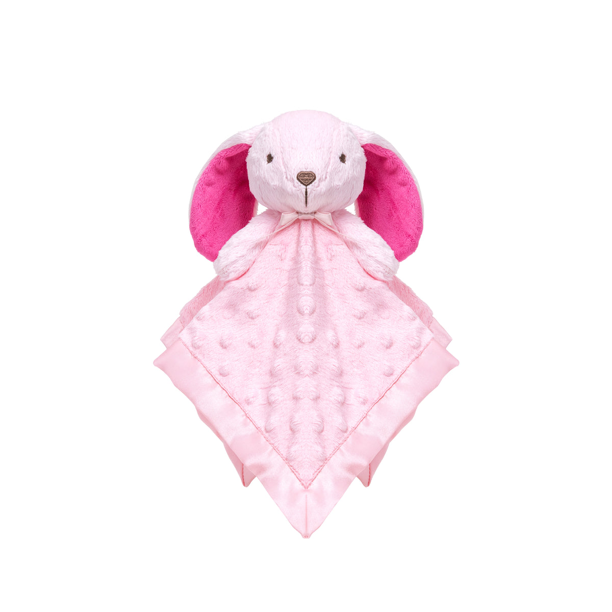 Front view of the pink Princess SweetPea bunny lovey with raspberry-pink inner ears, raised-dot fabric and a satin border.