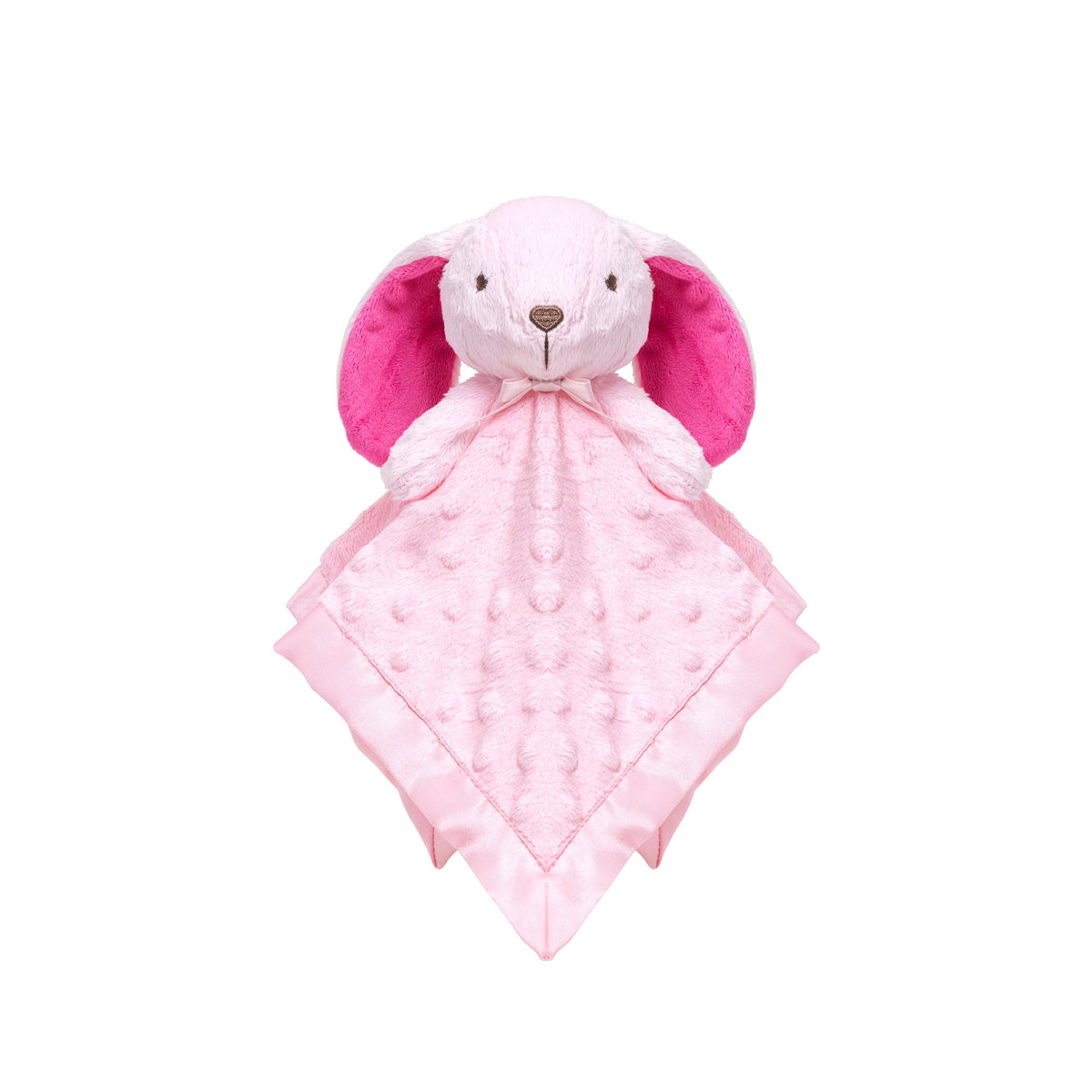Front view of the pink Princess SweetPea bunny lovey with raspberry-pink inner ears, raised-dot fabric and a satin border.