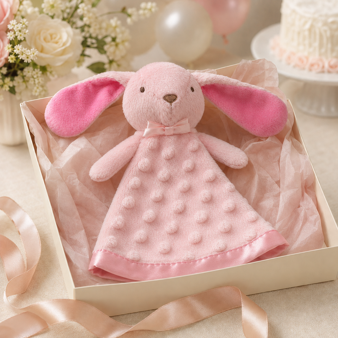 Pink Bunny Lovey Blanket | OEKO-TEX® STANDARD 100 certified fabric | Baby Shower Gift | SweetPea Universe PlushAura