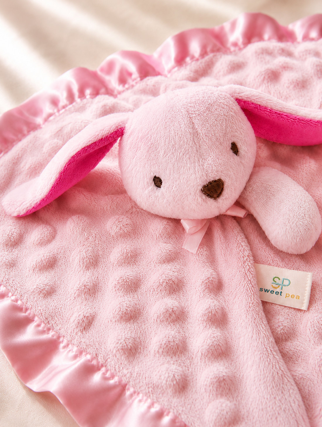 Pink Bunny Lovey Blanket | OEKO-TEX® STANDARD 100 certified fabric | Baby Shower Gift | SweetPea Universe PlushAura