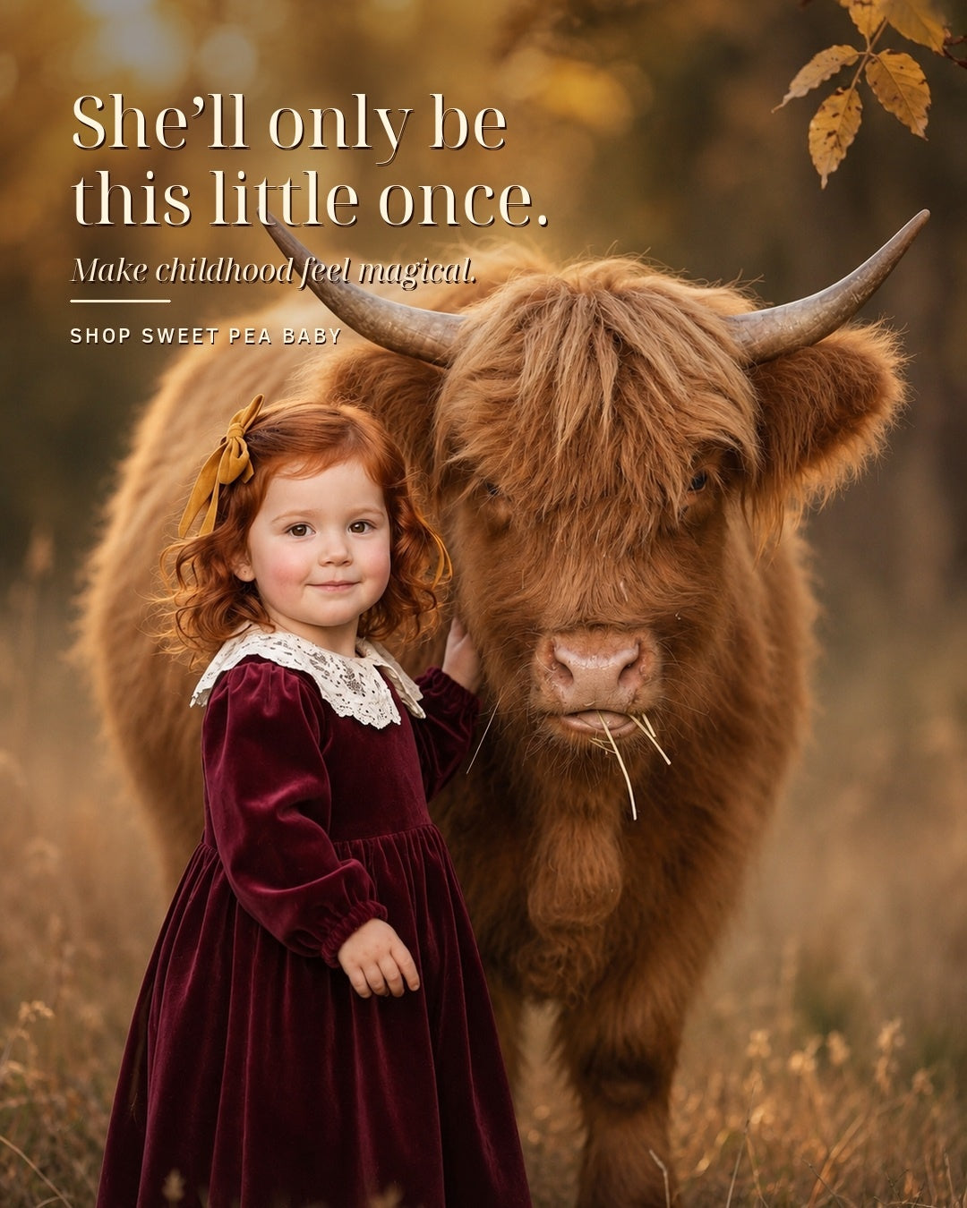 Young girl in a red dress standing next to a large brown cow with text overlay.